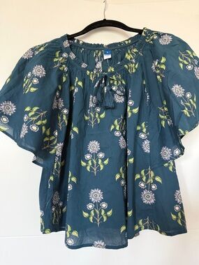 Old Navy Teal Floral Tassel Peasant Top